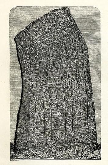 An 1877 image of the Rök runestone from Östergötland, Sweden.
