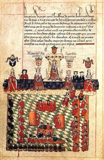 16th-century illustration of King Edward I presiding over Parliament. The scene depicts Alexander III of Scotland and Llywelyn ap Gruffudd of Wales beside Edward; an episode that never actually occurred.