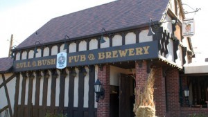 Photo of the exterior of the Bull & Bush, authentic looking British style pub.