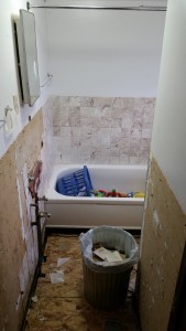 This bathroom has plastic tile, and no shower