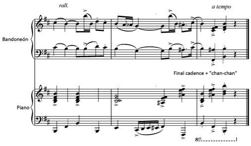 “Tres esquinas,” arr. Stazo, ed. Wendland, mm. 79-82 with final cadence and “chan-chan.” Music: Ángel D’Agostino/Alfredo Attadía and Lyrics: Enrique Cadícamo © 1941 Ediciones Musicales Pampa (Warner/Chappell Music). Used by permission.