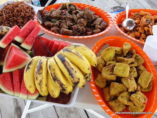 picnic spread at Pink Beach near Komodo Island in Indonesia