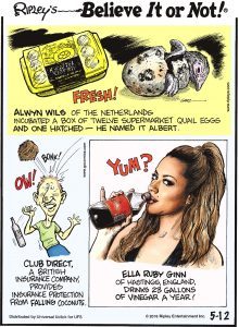 Alwyn Wils of the Netherlands incubated a box of twelve supermarket quail eggs and one hatched—he named it Albert. -------------------- Club Direct, a British insurance company provides insurance protection from falling coconuts. -------------------- Ella Ruby Ginn of Hastings, England, drinks over 23 gallons of vinegar a year!