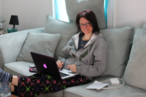 Liz in book jail on one of our retreats.