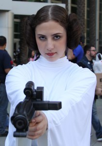 Princess Leia cosplay marked for reuse from Wikipedia -- Anaheim, 2015