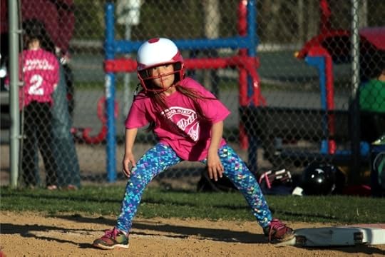 SteelyKid on first base, ready to run.