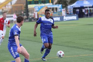 Amway Canadian Championship action from FC Edmonton's Clarke Field in 2014, when the sewn-in lines were covered in green paint.