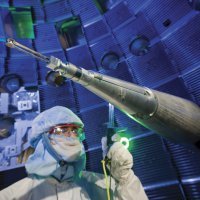 This is the inside of the world's largest and most powerful laser, which is used in experiments to create nuclear fusion. Examples of the laser's optics will be on display at the Make|ENERGY pavilion. Photo by Lawrence Livermore National Laboratory.