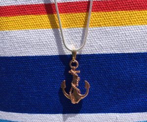 Anchor necklace made from copper reclaimed from the USS Constitution in Boston during restoration. Included in the Anchor in the Storm All Hands on Deck Prize Pack Giveaway from Sarah Sundin and Litfuse Publicity. Giveaway ends June 8, 2016.