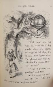 This illustration by John Tenniel depicts Alice and the Cheshire Cat.
