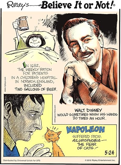 In 1632, the weekly ration for patients in a children’s hospital in Norwich, England, included two gallons of beer. -------------------- Walt Disney would sometimes wash his hands 30 times in an hour. -------------------- Napoleon suffered from ailurophobia—the fear of cats!