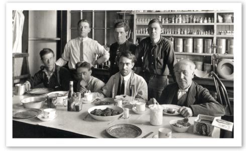 Edison enjoying a meal with fellow inventors, his “Muckers”