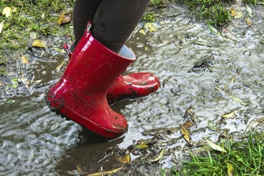 Stepping in a muddy puddle with red wellies