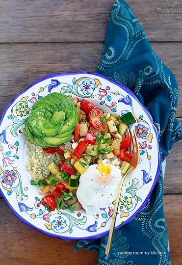 summer vegetable hash with poached eggs