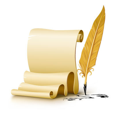 quill, ink and parchment scroll