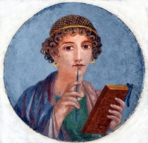 Fresco showing a woman so-called Sappho, holding writing implements, from Pompeii, Naples