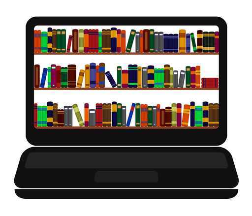 Books library on laptop screen. E-books concept.