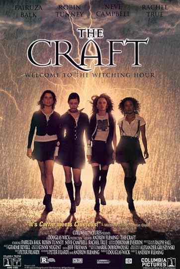 The Craft movie poster, with four goth girls in Catholic school skirts walking in front of lightning.
