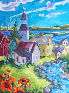 Priscilla McCandless' painting of the fish ladder and the small community of Damariscotta Mills