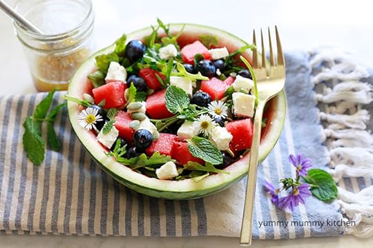 watermelon feta salad with arugula, blueberries, and mint