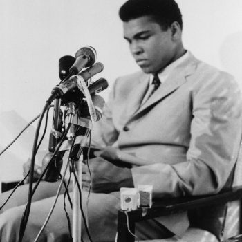Muhammad Ali is seen at a news conference in Louisville, Kentucky, April 20, 1967, to say he will not accept miltary service of any nature when he is called for induction In Houston on April 28. He said 