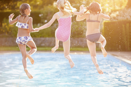 Group Of Girls Playing In Outdoor Swimming Pool