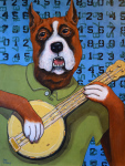 Banjo Time by Sue Clancy -- <br /> Music is constructed out of time. Time is made out of numbers. Therefore I wonder if music is a pattern-tune of numbers?<br />---<br />Banjo Time<br /> By Sue Clancy<br />24 x 18 x 2 inches<br />hand dyed paper, hand stenciled paper, and acrylic on cradled board <br />$2200.