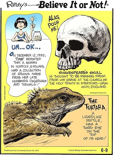 On December 12, 1932, TIME reported that a woman in Norfolk, England, had a collection of spoons made from her late husband’s fingernails and toenails! -------------------- Shakespeare’s skull is thought to be missing from his grave at the Church of the Holy Trinity in Stratford-upon-Avon, England. -------------------- The tuatara, lizardlike reptile, has a third eye on the top of his head!