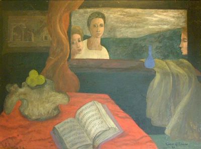 An oil painting by Maeve Gilmore, 1940, depicting music and a vertibra from the beached whale found by Mervyn �� The Mervyn Peake Estate.