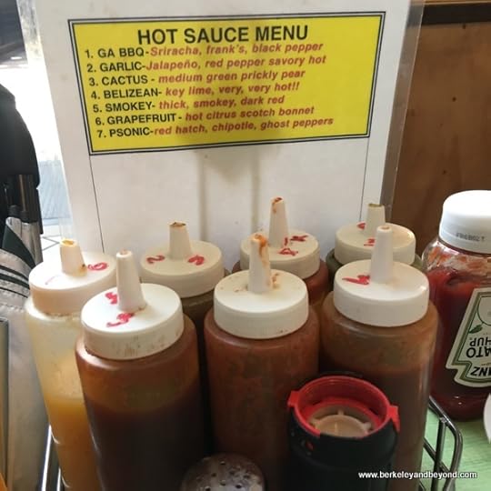 hot sauce selection at Shopsin's in NYC