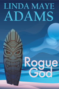 Cover for Rogue God, showing a tiki face on a surfboard.