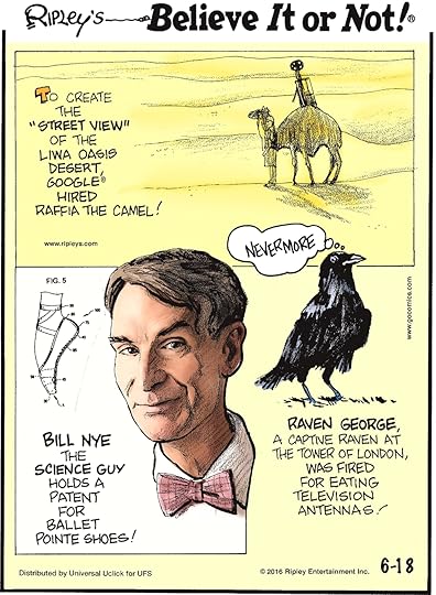To create the “street view” of the Liwa Oasis desert, Google hired Raffia the camel! -------------------- Bill Nye the Science Guy holds a patent for ballet pointe shoes! -------------------- Raven George, a captive raven at the Tower of London, was fired for eating television antennas!