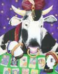 Ivan The Tarot Bull<br />By Sue Clancy<br />20 x 16 x 2 inches (h x w x d)<br /> hand dyed paper, hand stenciled paper, hand marbled paper, found paper, ink, watercolor and acrylic on cradled board