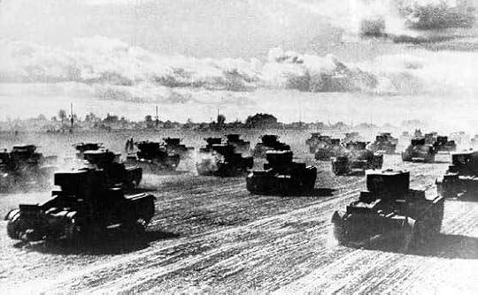 Soviet tanks moving westward to fight the German invasion, 22 Jun 1941