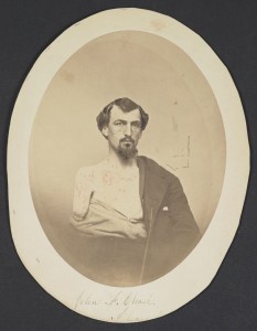 Penmanship contest participant John Chase. Chase identified his many wounds with pen marks on the photo. Manuscript Division.