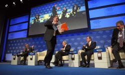 Turkish Prime Minister Recep Tayyip Erdogan storms off the stage at the 2009 World Economic Forum after confronting Israeli President Shimon Peres (seated to UN Secretary-General Ban Ki-moon's right), publicly criticizing Peres to his face for Israel's war crimes during its 2008-09 military assault on Gaza. (World Economic Forum/CC BY-SA 2.0)