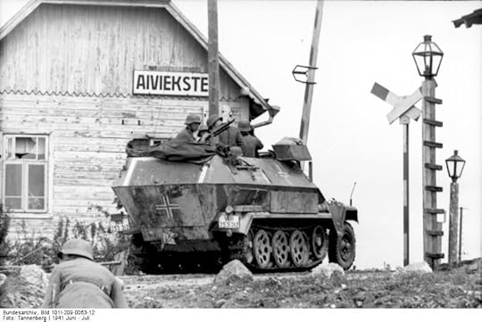 German SdKfz. 251/1 half-track vehicle at a rail crossing, Aiviekstes, Latvia, Jun 1941 (German Federal Archives: Bild 101I-209-0063-12)