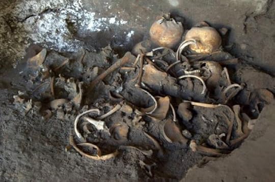 Skeletons found in a shop near the Porto Ercolano at Pompeii.