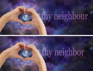 2 x female hands making a heart on a night sky background banner with a nebular behind the heart and the words THY NEIGHBOUR and THY NEIGHBOR