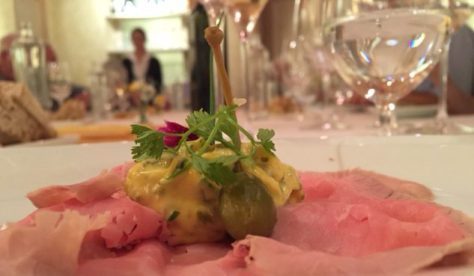 Veal leg with cooked under salt served with a dollop of Cavour sauce