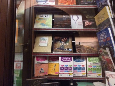 Window of Zanoletti bookstore in Alba, Italy. 