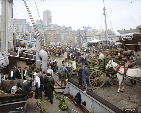 banana docks new york ca 1890 to 1910 colorized by marina amaral