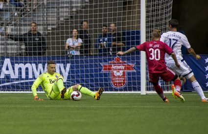 Marcel de Jong, then with the Ottawa Fury, is stopped by Whitecaps keeper Paolo Tornaghi in the semifinals of the 2016 Amway Canadian Championship. PHOTO: CANADA SOCCER/BOB FRID