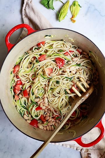 vegan zoodle spaghetti with tomatoes and white beans
