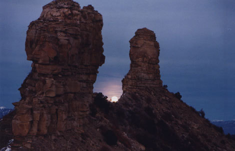Moonrise at the Major Lunar Standstill at Chimney Rock, Colorado. as seen from the Great Pueblo - http://www.chimneyrockco.org/