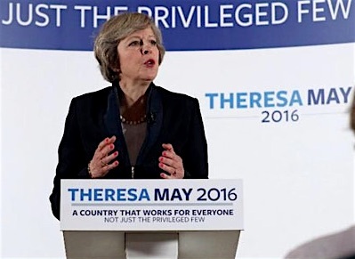 Theresa May, Britain's Prime Minister, making her first speech as PM. I slightly edited the banner behind her.