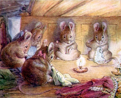 Image of mice sitting round sewing by candlelight