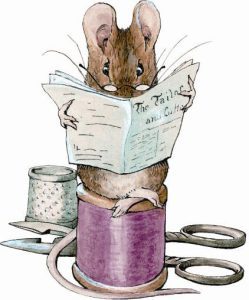 Image of mouse sitting on a cotton reel reading paper, from the Tailor of Gloucester
