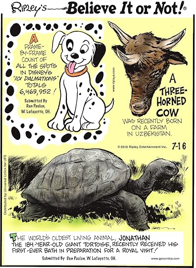A frame-by-frame count of all the spots in Disney’s “101 Dalmatians” totals 6,469,952! Submitted by Dan Paulun, W. Lafayette, OH. -------------------- A three-horned cow was recently born on a farm in Uzbekistan. -------------------- The world’s oldest living animal, Jonathan the 184-year-old giant tortoise, recently received his first ever bath in preparation for a royal visit! Submitted by Dan Paulun, W. Lafayette, OH.