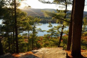 View of Long Pond from the hike up The Mountain in Rome, Maine.